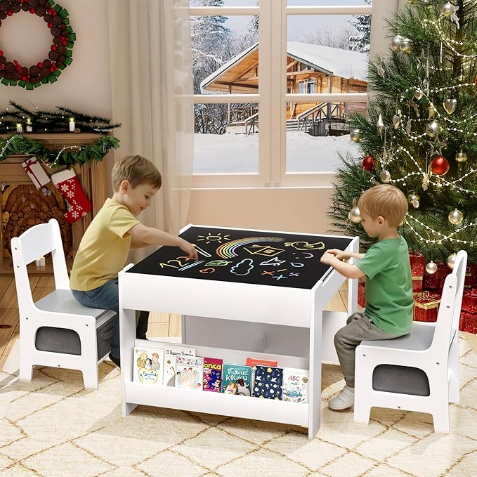 Arlopu Kids Table and Chairs Set, 4 in 1 Toddler Art Desk with Storage Drawer, Wooden Activity Deskboard, Blackboard, Reversible & Detachable Tabletop, Bookshelf for Drawing, Reading (Grey & White)