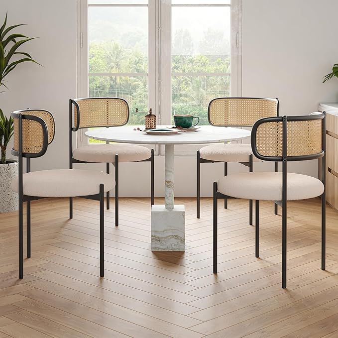 Farini Dining Chairs Set of 2,Mid-Century Modern Kitchen Chair Rattan Backrest Round Upholstered Sherpa Dining Chairs with Metal Legs,Light Brown