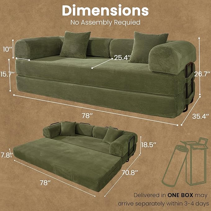 79" Convertible Sofa Bed, Boneless Corduroy Sleeper Foldable Modular Couch, Memory Foam Compressed Sofa in A Box,Folding Mattress Floor Couch for Small Space Living Room Apartment Bedroom,Light Green