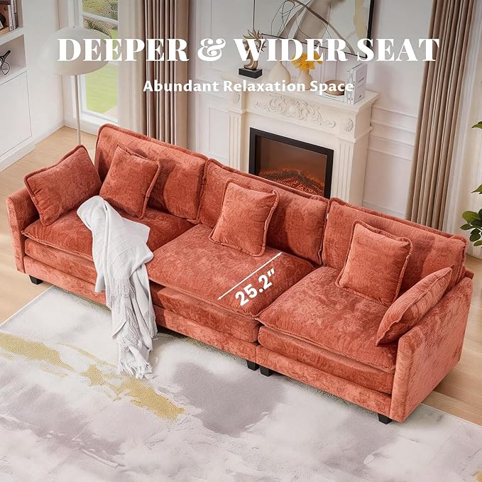 SoarFlash 113.78" Chenille Sectional Sofa, Comfy Modular Loveseat Sofa, Modern 3-Seat Couch Deep Seat Sofa Set for Living Room,Orange