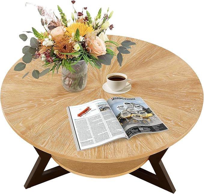 Gravilithic Round Wood Coffee Table for Living Room, 2-Tier Rustic Circle Coffee Table with Storage, 35”x 17” Real Wood Desktop with Metal Frame, Radial Pattern