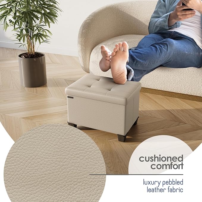 Storage Ottoman Cube with Small Bin, 16-in Square Ottoman with Storage for Living Room and Bedroom, Small Ottomans Foot Rest, Faux Leather Foot Stools Ottomans Max 330lbs, Beige