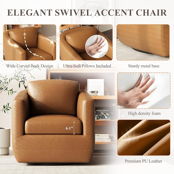 MALOL 360° Swivel Accent Chair- Comfy Living Room Armchair No-Sag Foam & Sturdy Metal Base with Pillow, Fully Assembled Swivel Accent Single Sofa for Bedroom Living Room, Office, Brown