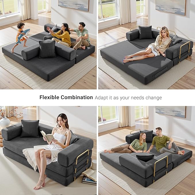 78" Convertible Sleeper Sofa Bed, Corduroy Folding Sofa Bed with Fixed-Shape Frame, Fold Out Floor Mattress Couch, Lazy Compression Sofas for Living Room, Bedroom, No Assembly Required, Grey