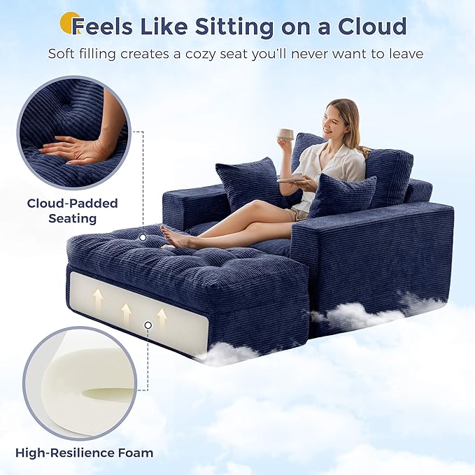 MAXYOYO Modular Sectional Chaise Lounge Sofa, Upholstered Lounge Chair with Ottoman, Comfy Couch with Layered Cushion, Tufted Upholstered Sleeper Chair for Living Room, No Assembly, Navy