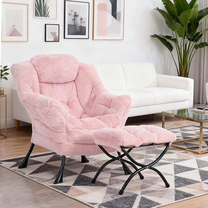 Welnow Lazy Chair with Ottoman, Modern Lounge Accent Chair with Armrests and a Side Pocket, Leisure Sofa Armchair Set, Reading Armchair with Footrest for Small Space, Plush Pink