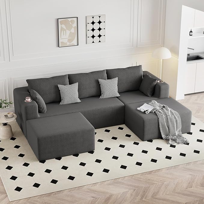 Furnimart 41" Big Oversized Ottoman for Modular Sectional Sofa Bed, Modern Boneless Large Ottoman Compression Footstool Cloud Couches for Living Room, No Assembly Corduroy Dark Grey