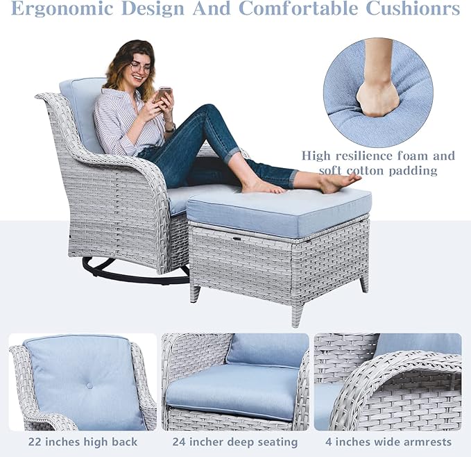 Belord Wicker Outdoor Furniture Patio Furniture Set - 6 Piece Patio Conversation Set with Swivel Rocker Chairs, Rattan Sofa, Ottomans and Coffee Table, Baby Blue Cushion