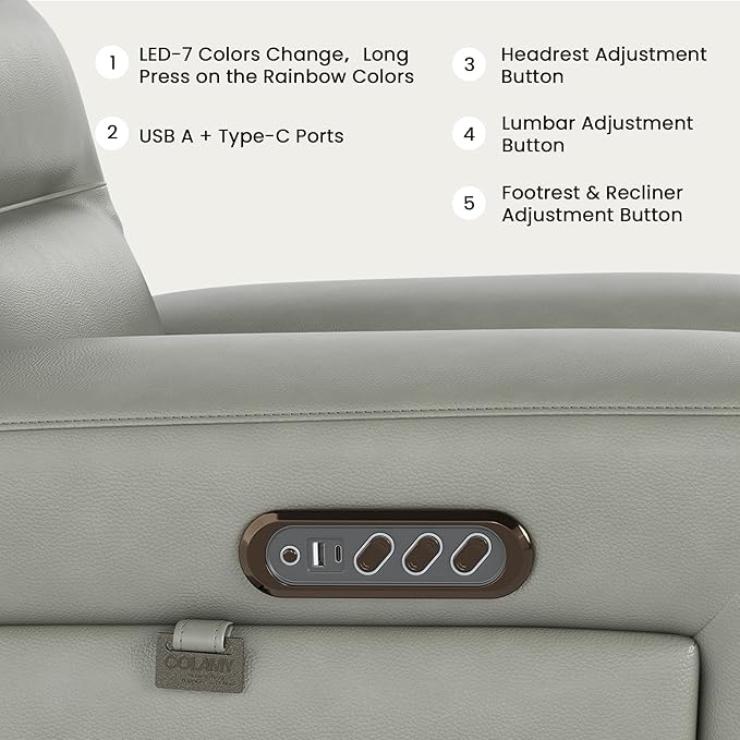 COLAMY Aura Triple Motors Power Recliner Chairs with USB and Type C Port, Home Theater Chair with LED Lights, Electric Wall Hugger Recliner for Living Room, Grey