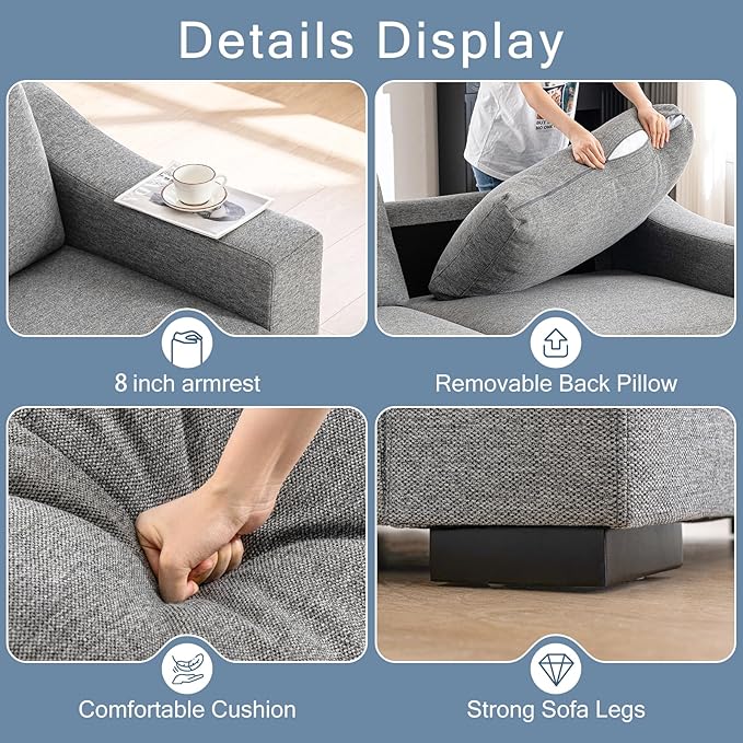 ELUCHANG 85" Modern Sofa Couches for Living Room, 3 Seater Natural Linen Sofa with Extra Deep Seats,Upholstered Cushion&Detachable Cover,Comfy Couch for Small Space,Apartment,Dark Grey,2PCS