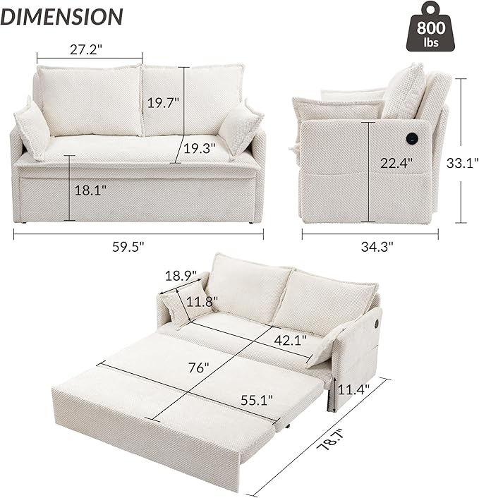 GRAINLLE Pull Out Couch,Loveseat Convertible Sleeper Sofa Bed with USB,Pull Out Sofa Bed Side Storage,2 Pillows,Corduroy Sleeper Couch for Living Room,Bedroom,Apartment,Pet-Friendly(Beige, 59.5'')