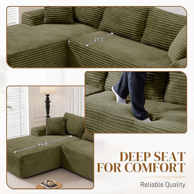 95" Boneless Cloud Sectional Couches for Living Room, Comfy Fluffy L Shaped Memory Foam Deep Seat Boneless Couch, Modular Sectional Sofa with Left Facing Chaise, Olive Green