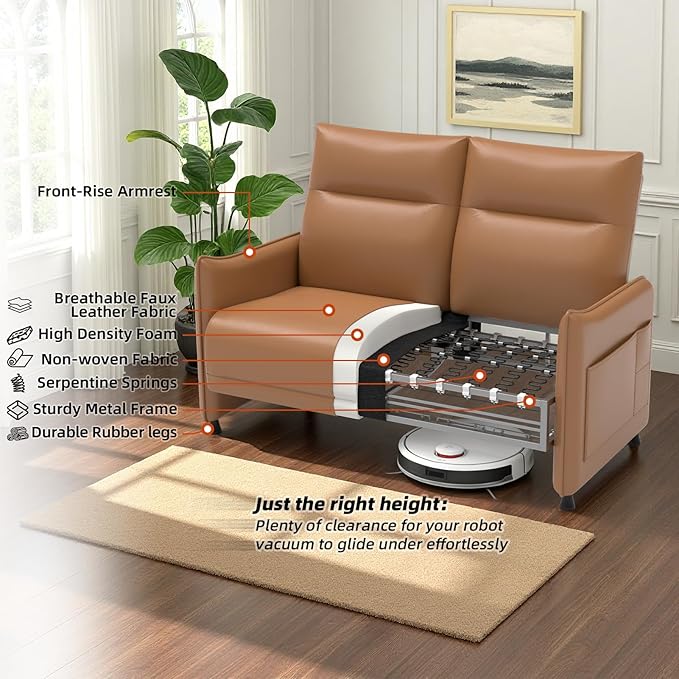 3-Piece Living Room Sofa Set, Faux Leather Loveseat & Accent Chairs Set of 2 with Hidden Foldable Tray & Side Pocket, Front Contour Arm Design, Upholstered Sofa Set for Office, Brown