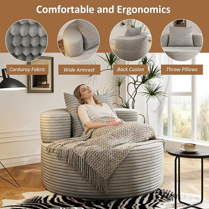 Giant Bean Bag Chair Oversized for Living Room Round Boneless Chair Corduroy Chaise Lounge for Adults Memory Foam Big Accent Sofa Lounge Floor Sofa for Gaming Reading Relax No Assembly Required