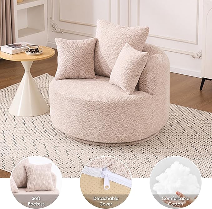 Yoglad 38.58'' Swivel Round Chair, Comfy Boucle 360° Accent Chair with Thick Cushion, Oversized Modern Single Sofa with 3 Pillows, Soft Armchair for Nursery, Living Room, Bedroom, Office (Beige)