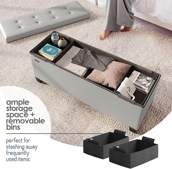 Storage Ottoman Bench with Bins, 43-in Storage Bench for Bedroom End of Bed, Folding Foot Rest Ottoman for Living Room Max 660lbs, Faux Leather Ottomans, Light Grey