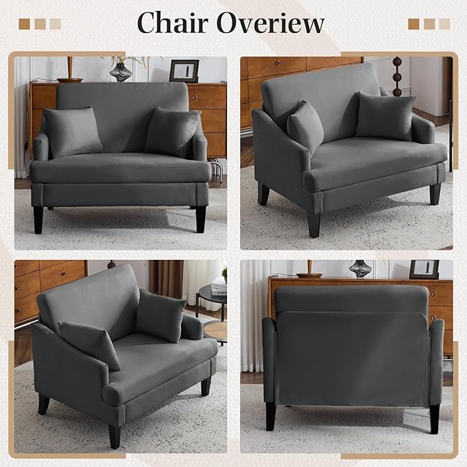 Bezseller Oversized Accent Chair, 33.5'' Wide Seat Comfy Armchair with 2 Pillows, Upholstered Big Reading Chair, Modern Single Sofa Chair for Living Room Bedroom Apartment Office, Dark Grey