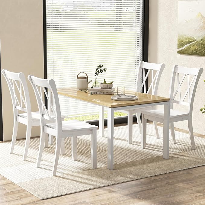 Giantex Wood Dining Chairs Set of 2 White, Armless Kitchen Chair w/Rubber Wood Frame, Cross Back, Contoured Seat, Farmhouse Wooden Side Chair, High Back Kitchen Chairs for Home Dining Room
