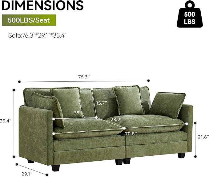 UMBFUN 2-Seater Cloud Couch, Oversized Comfy Modular Sectional Sofa with Deep Seat Cushions, Chenille Loveseat for Living Room, Apartment & Small Spaces, Green