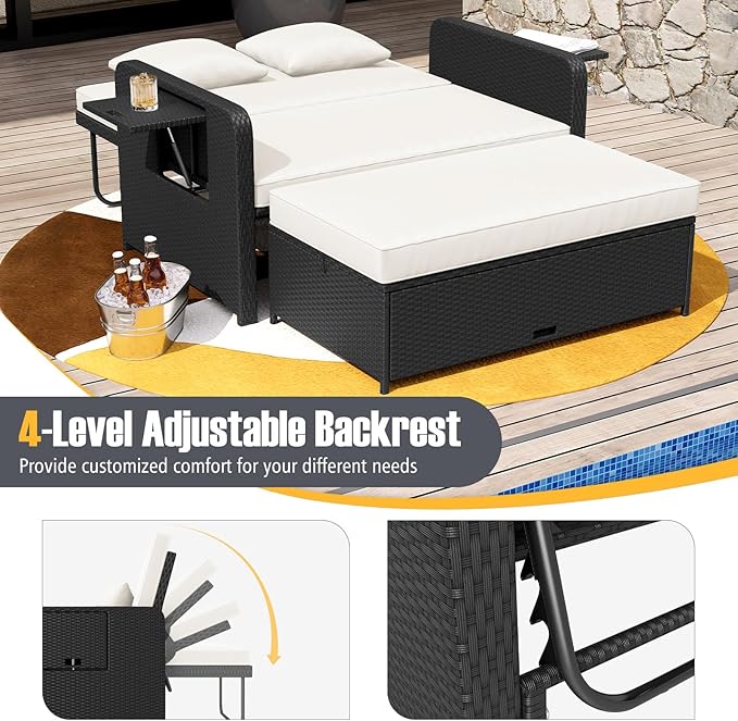 RELAX4LIFE Wicker Patio Outdoor Daybed - Rattan Day Bed Lounger w/Loveseat & Storage Ottoman, Sunbed Sofa Set w/Cushions, 4-Level Adjustable Backrest & 2 Retractable Trays, Patio Daybed (White-Black)