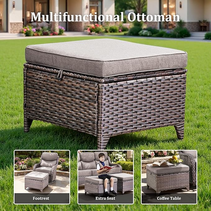 Pugire Luxury High Back Patio Furniture Set with 6-Inch Thick Cushions, 6-Pieces Outdoor Furniture with Swivel Chairs, Wicker Conversation Set for Porch, Balcony, Deck and Yard, Brown/Grey