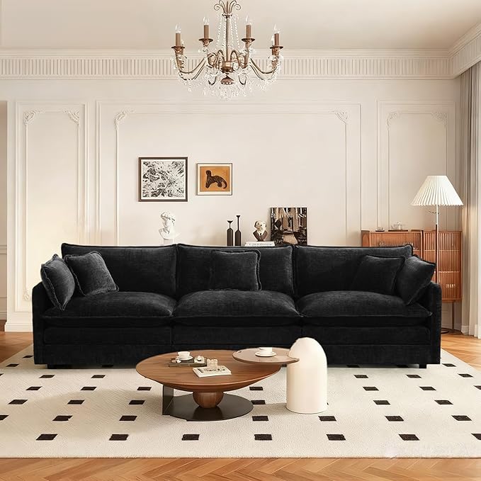 SoarFlash Chenille Sectional Sofa, Comfy Modular Loveseat Sofa, Modern 3-Seat Couch Deep Seat Sofa Set for Living Room,Black