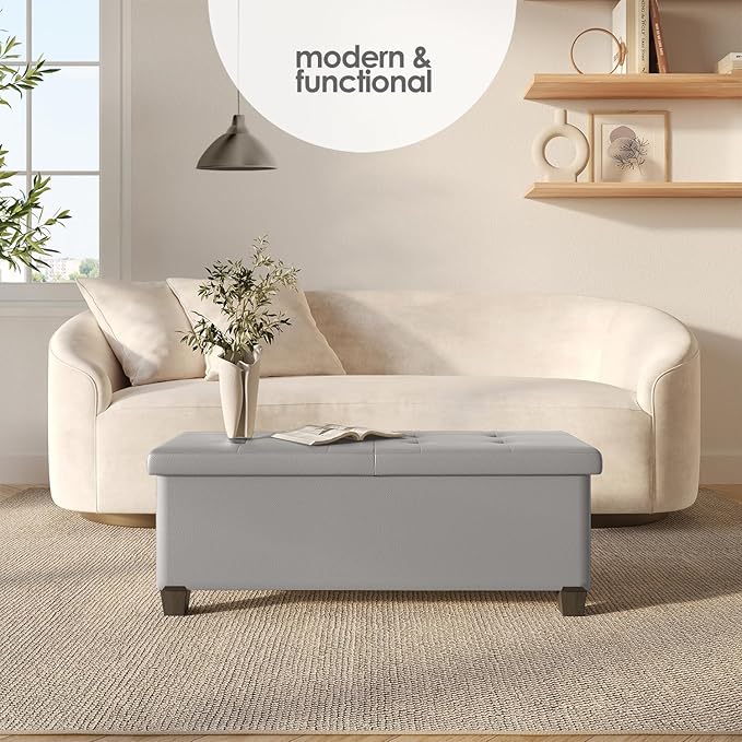 Storage Ottoman Bench with Bins, 43-in Storage Bench for Bedroom End of Bed, Folding Foot Rest Ottoman for Living Room Max 660lbs, Faux Leather Ottomans, Light Grey