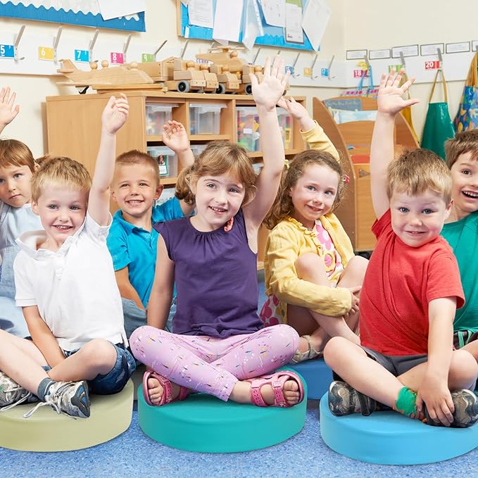 DORTALA 6 PCS Round Flexible Seating Floor Cushions, PU + EPE Portable Classroom Cushion w/Handles, Stackable Seating Cushions for Classroom, Daycare, Preschool (Blue)