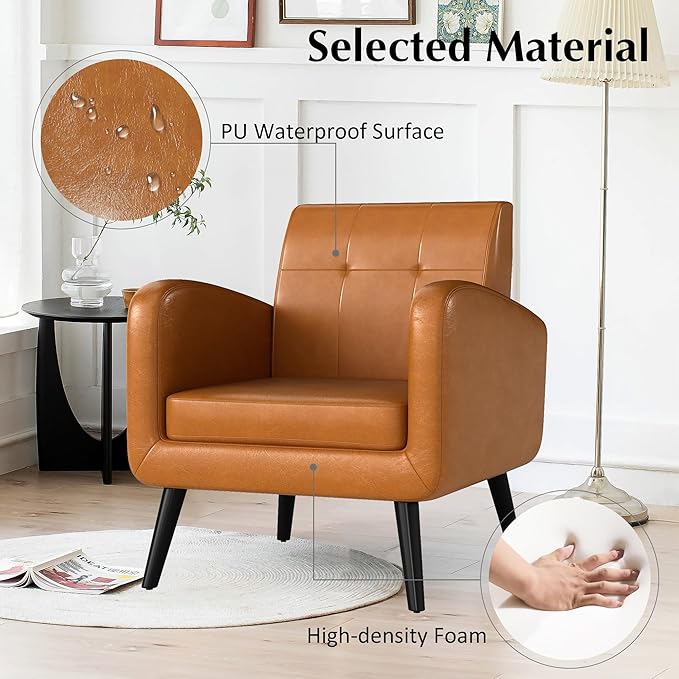LSSPAID Accent Chairs Set of 2, Brown PU Leather Living Room Chairs, Modern Comfy Upholstered Armchairs Single Sofa Chair with Solid Wood Legs for Apartment, Reading, Office