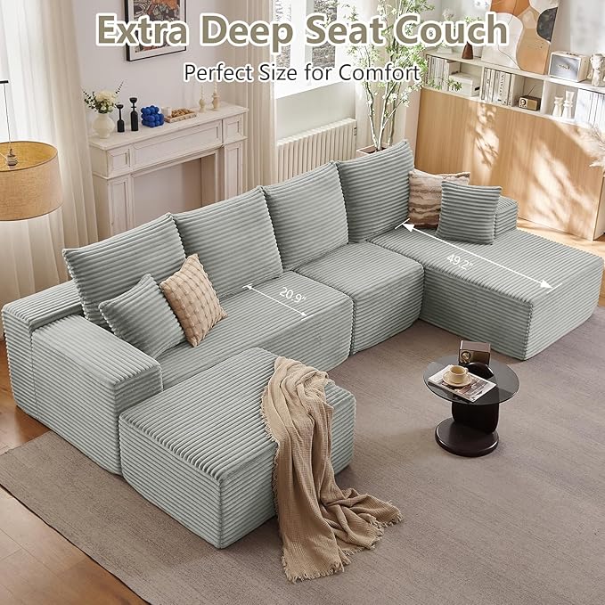 Lakifun 135" U-Shape Cloud Couch, Modern Modular Sectional Comfy L-Shape Sofa with Ottoman, Deep Seat, Upholstered Corduroy Sleeper Chaise Longue for Living Room Bedroom, No Assembly Required, Grey