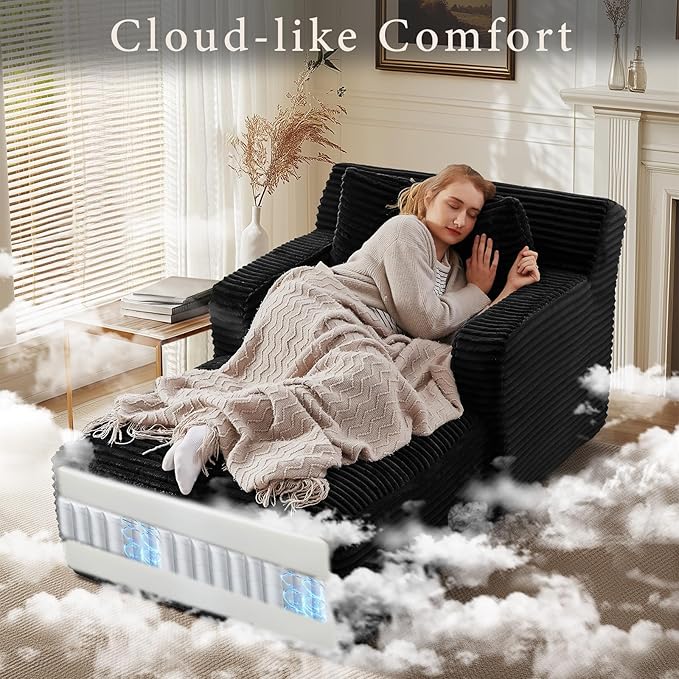 VEPXXP 65.4" Chaise Lounge Chair Indoor, Oversized Boneless Chaise Lounge Comfy Sleeper Sofa Bed with 3 Pillows, Corduroy Cloud Reading Chair for Living Room No Assembly Required