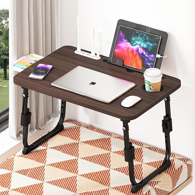DECOSIS Laptop Desk for Bed Height Adjustable, Lap Bed Table with USB/Storage Drawer/Cup Holder/Tablet Stand/Book Shelf, Foldable Breakfast Tray Portable for Reading Writing, Sofa & Floor, Walnut