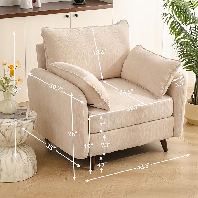 Oversized Accent Chair with Seats Storage,Comfy Living Room Chairs with 2 Throw Pillow,Upholstered Mid-Century Armchair,24.5'' Deep Seat,Reading Chair for Bedroom,Office,Chenille,Cream