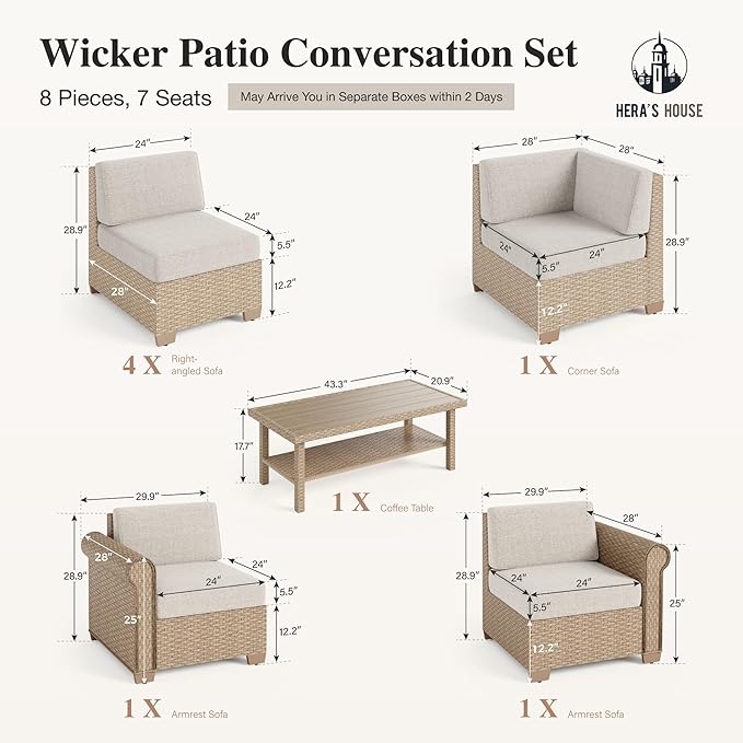 HERA'S HOUSE Patio Furniture Set, All Weather 7 Seats Outdoor Sectional Wicker Sofa with 44" Coffee Table, 5.5" Thick Waterproof Cushion 8 Piece Modular Conversation Set for Garden Deck Backyard