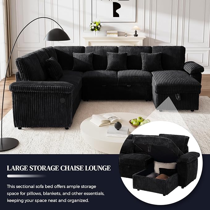 Modular Sectional Sleeper Sofa with Pull Out Bed, Storage Chaise & USB Charging, U Shaped Plush Corduroy Black Sectional Couches for Living Room, Comfy Convertible 7 Seat Cloud Sofa Bed, Black
