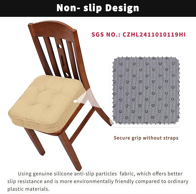 GOFORIT Memory Foam Cushion，Square Seat Cushions for Dining Chairs,Non-Slip Chair Pads with Removable Cover, 16'' x 16'', 4 Pack,Khaki