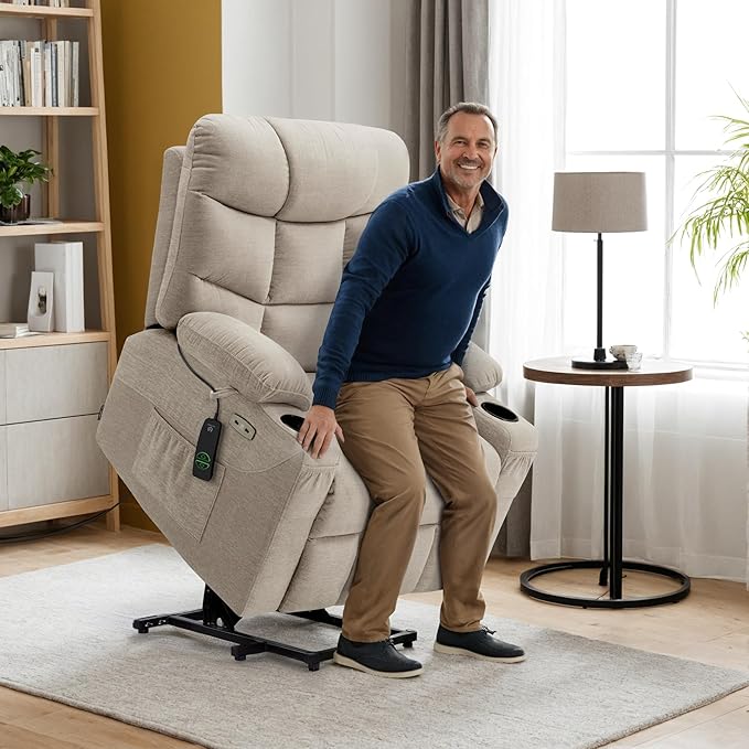 MCombo Power Lift Recliner Chair with Extended Footrest for Elderly People, Fabric 7287 (Oatmeal, Medium)