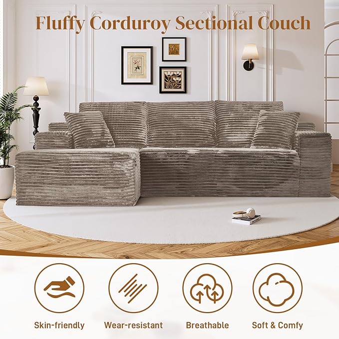 108" Boneless Cloud Sectional Couches for Living Room, Comfy Fluffy L Shaped Memory Foam Deep Seat Boneless Couch, Modular Sectional Sofa with Left Facing Chaise, Brown
