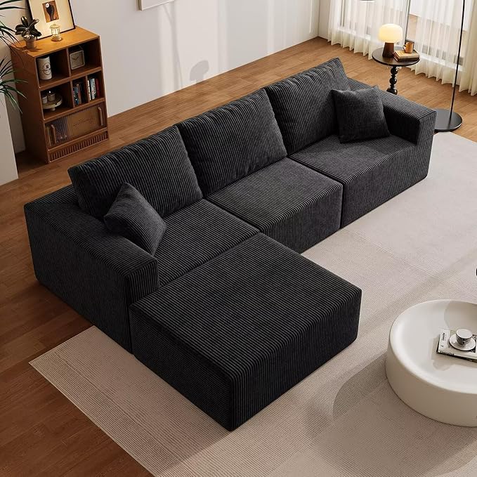 110" Boneless Cloud Sectional Sofa, Modular L-Shaped Couch with Deep Seats, Compressed Frameless Corduroy Sofa in Boxes, No Assembly Required, 3-Seater Left-Facing Chaise, Black