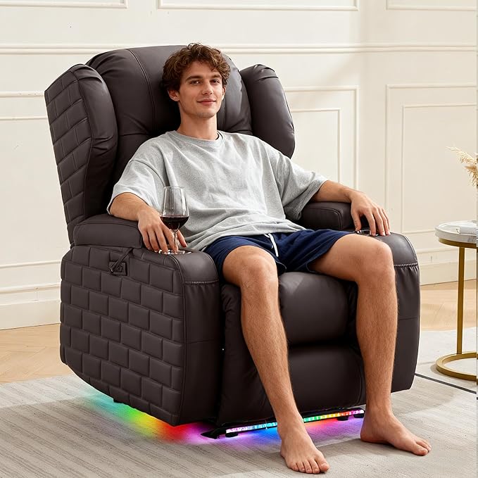 Wall Hugger Power Recliner Chair with Heat and Massage, Overstuffed Reclining Sofa Chair for Living Room Home Theater RV with 3-Side LED Lights/Cup Holders/USB & Type C Port (Brown)