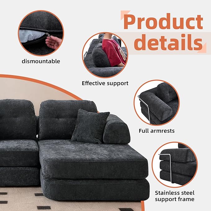 SUYOLS L Shaped 104" Modular Sectional Sofa Bed with Pillows, 8-in-1 Convertible Couch, Sturdy Stainless Steel Frame,Removable Washable Cover,High Resilience Sponge,for Living Room,Apartment,Dark Gray