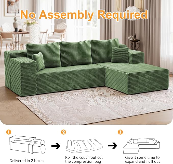 106'' Boneless Couches for Living Room, L Shaped Modular Sectional Sofa with Chaise Lounge, Faux Rabbit Fur Layered Cushion Deep Seat Cloud Couch, No Assembly (Green, 106 L Shaped Right Facing Chaise)