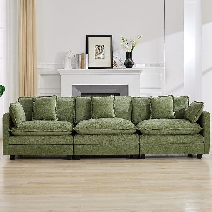 111'' Sectional Cloud Deep Seat Couch, Modern Comfy Chenille Modular Sectional Sofa for Living Room Set, Upholstered Modular 3-Seats Sofa Couch, Green