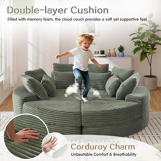 78-inch Oversized Round Chaise Lounge Chair Indoor, Convertible Folding Sofa Bed w/ 10 Pillows, Fluffy Corduroy Boneless Compressed Memory Foam Couch for Living Room, Bedroom (Green, Left & Right)