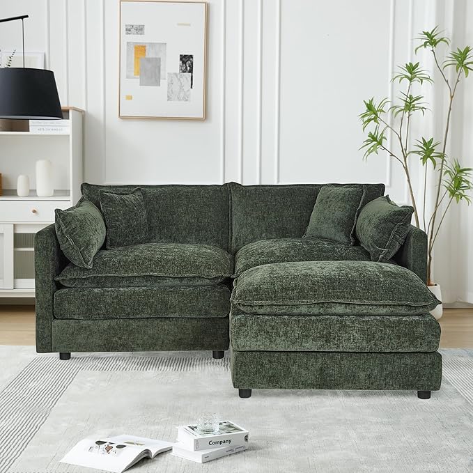 Aoowow Modular Sectional Sofa Modern Convertible Loveseat Couch,77.16 Inch Deep 2-Seater Sofas Comfy Chenille Cloud Sofas and Couches Set with Movable Ottoman for Living Room Apartment（Green）