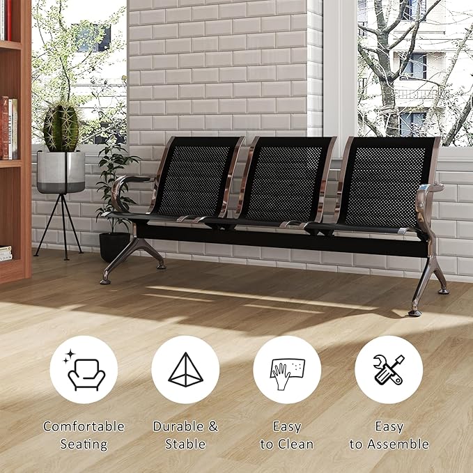 Kinfant Waiting Room Chair - 3-Seat Office Guest Reception Seat Waiting Room Bench with Armrest for Airport, Hospital, Bank, Salon, Barbershop, Hall(Black Mesh)