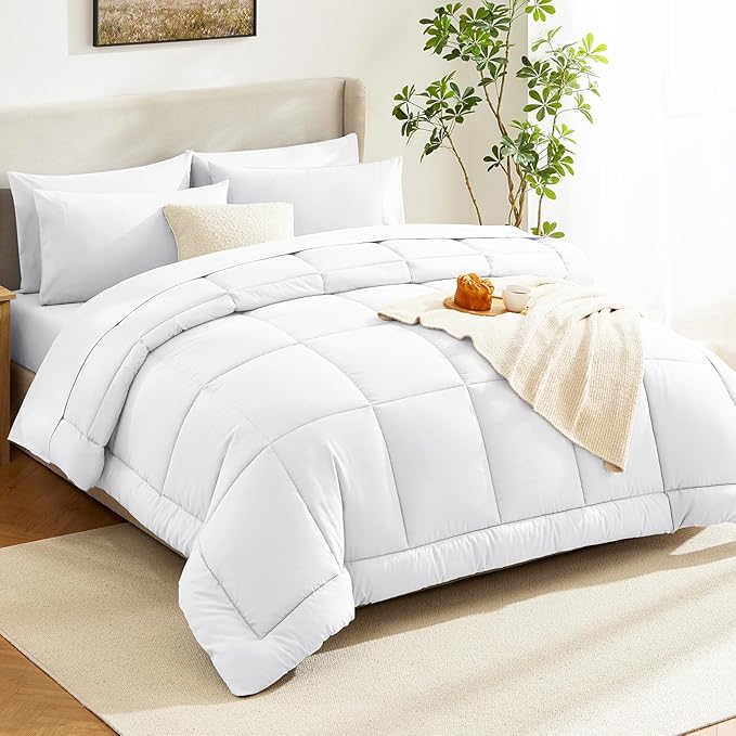 CozyLux King Size Comforter Set White, 7 Pieces Bed in a Bag, White Comforter King Size, All Season Bedding Sets with Stitch Quilted Comforter, Flat Sheet, Fitted Sheet, Pillowcases