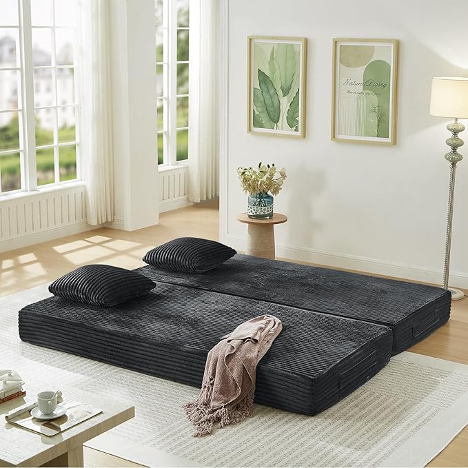 Modular Couch Bed, Convertible Folding Plush Corduroy Comfy Floor Memory Foam Compression Loveseat Sleeper Sofa Couch, King Size Bed for Guest Room Living Room Bedroom, No Assembly Required, Dark Grey