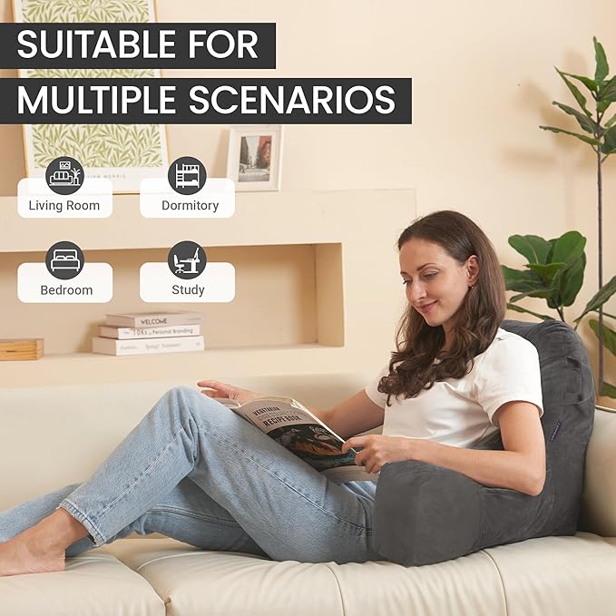 Unisakey Portable Comfy Reading Pillows for Bed Sitting Up(Light Grey Oeko-Tex), Velvet Back Pillow with Arms & Pockets for Adults, Support Memory Foam Bed Pillow for Dorm/Reading/Watching/Gaming