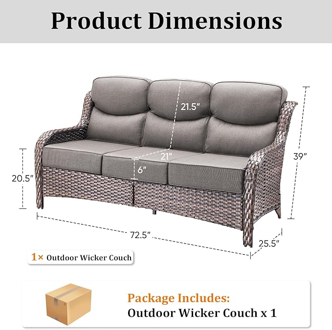 Pugire 71'' Patio Couch Outdoor Wicker Sofa, Heavy Duty All-Weather Rattan 3-Seater Sofa with Deep Seating and Removable Cover, Outdoor Patio Furniture for Deck Porch Sunroom Backyard Brown/Grey